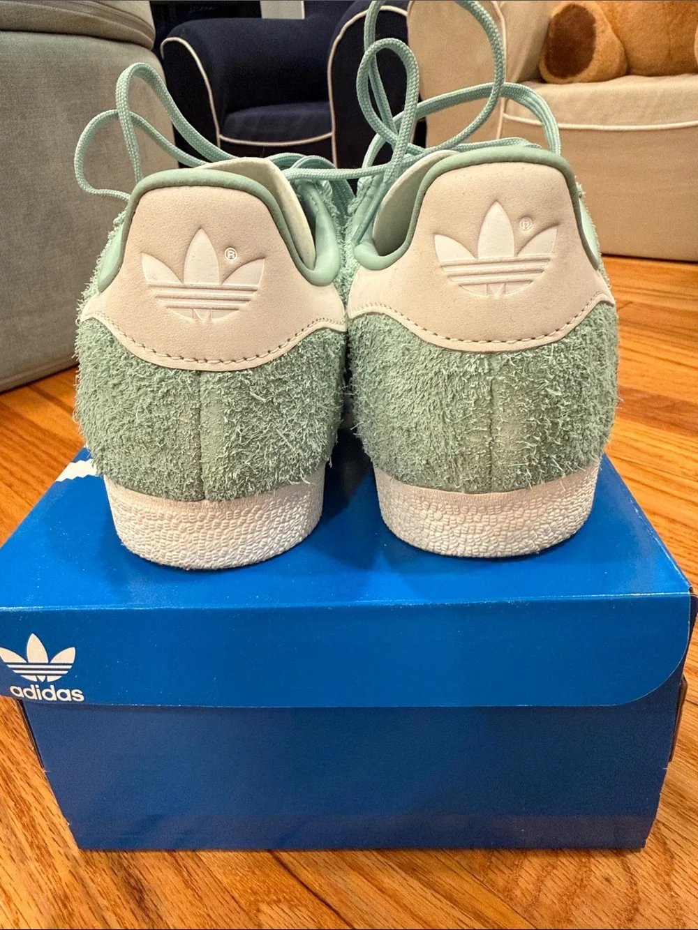 Adidas Gazelle Soft Mint Green Suede Sneakers with White Stripes. Worn once!
